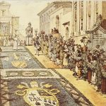 Disegno ad opera del pittore francese Antoine-Jean-Baptiste Thomas. Rappresenta la Infiorata di Genzano del 1817, con la processione del Corpus Domini su un tappeto di fiori, tra le ali di folla.